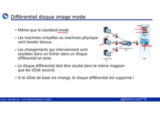 Différentiel disque image mode 
• Même que le standard mode 
• Les machines virtuelles ou machines physique 
vont booter dessus. 
• Les changements qui interviennent sont 
stockées dans un fichier dans un disque 
différentiel et reste. 
• Le disque différentiel doit être stocké dans le même magasin 
que les vDisk associé. 
• Si le vDisk de base est change, le disque différentiel est supprimé ! 
Citrix XenServer 6.0 Administration (A26) alphorm.com™© 
 