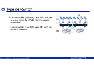 Type de vSwitch 
• Les Networks (vSwitch) sans PIF sont des 
réseaux prive. Les VMS communiquent 
ensemble 
• Les Networks (vSwitch) avec PIF sont des 
réseaux externes 
Citrix XenServer 6.0 Administration (A26) alphorm.com™© 
 