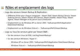 Rôles et emplacement des logs 
• Logs des serveurs Veeam Backup  Replication : 
 Différents fichier pour chaque composant : Veeam Shell, Veeam Backup Service, Veeam 
Indexing Service, Veeam vPower NFS Service, Veeam Installer, Veeam Proxy, Veeam 
Agents, Veeam Manager et les job en cours d’exécution 
 Emplacement sur du Windows XP ou Server 2003 : %allusersprofile%Application 
DataVeeamBackup 
 Emplacement sur du Windows Vista et + : %allusersprofile%VeeamBackup 
• Logs sur tous les serveurs gérer par Veeam BR : 
 Sur des serveurs Linux (et ESX): /var/log/VeeamBackup/ 
 Sur des serveurs Windows / Hyper-V : 
• Windows XP ou Server 2003 : %allusersprofile%Application DataVeeamBackup 
• Windows Vista et + : %allusersprofile%VeeamBackup 
Veeam Backup  Replication 6.5 alphorm.com™© 
 