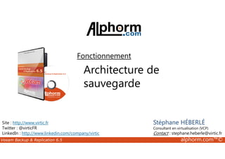 Fonctionnement 
Architecture de 
sauvegarde 
Site : http://www.virtic.fr 
Twitter : @virticFR 
LinkedIn : http://www.linkedin.com/company/virtic 
Stéphane HÉBERLÉ 
Consultant en virtualisation (VCP) 
Contact : stephane.heberle@virtic.fr 
Veeam Backup  Replication 6.5 alphorm.com™© 
 