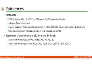 Exigences 
• Matériels : 
 2 CPU x86 ou x64 : 1 vCPU ou CPU pour 8 à 10 jobs simultanés 
 4 Go de RAM minimum 
 Espace disque : 2 Go pour l’installation + 10Go/100 VM pour l’indexation des fichiers 
 Réseau : minimum 1 Gbps pour LAN et 1 Mbps pour WAN 
• Systèmes d’exploitations (32 bits ou 64 bits): 
 Microsoft Windows XP SP3 / Vista SP2 / 7 SP1 / 8 / 
 Microsoft Windows Server 2003 SP2 / 2008 SP2 / 2008 R2 SP1 / 2012 
Veeam Backup  Replication 6.5 alphorm.com™© 
 