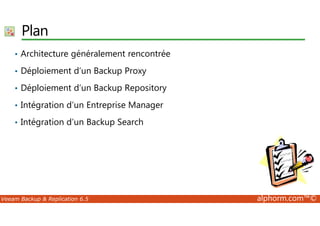Plan 
• Architecture généralement rencontrée 
• Déploiement d’un Backup Proxy 
• Déploiement d’un Backup Repository 
• Intégration d’un Entreprise Manager 
• Intégration d’un Backup Search 
Veeam Backup  Replication 6.5 alphorm.com™© 
 