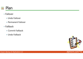 Plan 
• Failover 
 Undo Failover 
 Permanent Failover 
• Failback 
Commit Failback 
  Undo Failback 
Veeam Backup  Replication 6.5 alphorm.com™© 
 