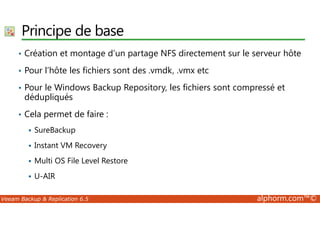 Principe de base 
• Création et montage d’un partage NFS directement sur le serveur hôte 
• Pour l’hôte les fichiers sont des .vmdk, .vmx etc 
• Pour le Windows Backup Repository, les fichiers sont compressé et 
dédupliqués 
• Cela permet de faire : 
 SureBackup 
 Instant VM Recovery 
 Multi OS File Level Restore 
 U-AIR 
Veeam Backup  Replication 6.5 alphorm.com™© 
 