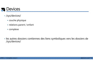 • /sys/devices/
couche physique
relations parent / enfant
complexe
Devices
LPIC1 / Comptia Linux+ alphorm.com™©
• les autres dossiers contiennes des liens symboliques vers les dossiers de
/sys/devices/
 