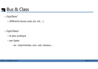 • /sys/bus/
différents buses (usb, pci, etc …)
• /sys/class/
le plus pratique
Bus & Class
LPIC1 / Comptia Linux+ alphorm.com™©
le plus pratique
par types
• ex : imprimantes, son, usb, réseaux …
 