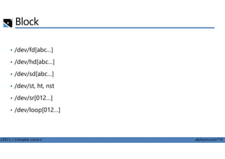 • /dev/fd[abc…]
• /dev/hd[abc…]
• /dev/sd[abc…]
Block
LPIC1 / Comptia Linux+ alphorm.com™©
• /dev/st, ht, nst
• /dev/sr[012…]
• /dev/loop[012…]
 