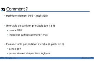 Comment ?
• traditionnellement (x86 – Intel MBR)
• Une table de partition principale (de 1 à 4)
dans le MBR
LPIC1 / Comptia Linux+ alphorm.com™©
indique les partitions primaire (4 max)
• Plus une table par partition étendue (à partir de 5)
dans le EBR
permet de créer des partitions logiques
 