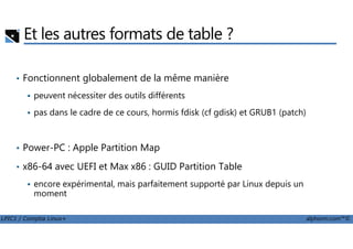 Et les autres formats de table ?
• Fonctionnent globalement de la même manière
peuvent nécessiter des outils différents
pas dans le cadre de ce cours, hormis fdisk (cf gdisk) et GRUB1 (patch)
LPIC1 / Comptia Linux+ alphorm.com™©
• Power-PC : Apple Partition Map
• x86-64 avec UEFI et Max x86 : GUID Partition Table
encore expérimental, mais parfaitement supporté par Linux depuis un
moment
 