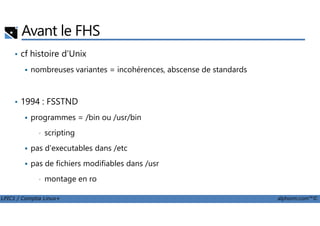 Avant le FHS
• cf histoire d'Unix
nombreuses variantes = incohérences, abscense de standards
• 1994 : FSSTND
programmes = /bin ou /usr/bin
LPIC1 / Comptia Linux+ alphorm.com™©
programmes = /bin ou /usr/bin
• scripting
pas d'executables dans /etc
pas de fichiers modifiables dans /usr
• montage en ro
 