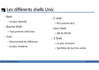 Les différents shells Unix
• Bash
Le plus répandu
• Bourne Shell
Tout premier shell Unix
Tcsh
• C shell
Plus proche de C
• Korn Shell
AIX & HP/UX
LPIC1 / Comptia Linux+ alphorm.com™©
• Tcsh
Second shell de référence
Le plus moderne
• Z Shell
Le plus innovant
Synthèse de tout les autres
 