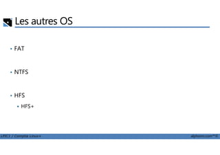 Les autres OS
• FAT
• NTFS
LPIC1 / Comptia Linux+ alphorm.com™©
• HFS
HFS+
 