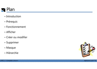 Plan
• Introduction
• Prérequis
• Fonctionnement
• Afficher
LPIC1 / Comptia Linux+ alphorm.com™©
• Créer ou modifier
• Supprimer
• Masque
• Hiérarchie
 