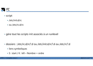 rc
• script
/etc/init.d/rc
ou /etc/rc.d/rc
• gère tout les scripts init associés à un runlevel
LPIC1 / Comptia Linux+ alphorm.com™©
• gère tout les scripts init associés à un runlevel
• dossiers : /etc/rc.d/rc?.d ou /etc/init.d/rc?.d ou /etc/rc?.d
liens symboliques
S : start / K : kill – Nombre = ordre
 