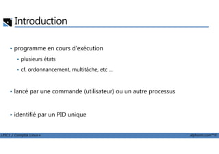 Introduction
• programme en cours d'exécution
plusieurs états
cf. ordonnancement, multitâche, etc …
LPIC1 / Comptia Linux+ alphorm.com™©
• lancé par une commande (utilisateur) ou un autre processus
• identifié par un PID unique
 