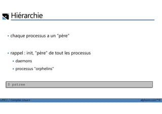 Hiérarchie
• chaque processus a un "père"
• rappel : init, "père" de tout les processus
LPIC1 / Comptia Linux+ alphorm.com™©
daemons
processus "orphelins"
$ pstree
 
