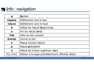 Info : navigation
q Quitter
espace Défilement vers le bas
return Défilement vers le haut
b Début du nœud (beginning)
e Fin du nœud (end)
LPIC1 / Comptia Linux+ alphorm.com™©
Tab Aller au lien suivant
Entrée Suivre le lien
n Nœud suivant (next)
p Nœud précédent
u Nœud de niveau supérieur (up)
l (L min) Retour à la page précédemment affichée (last)
 