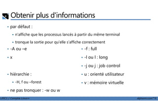 Obtenir plus d'informations
• par défaut :
n'affiche que les processus lancés à partir du même terminal
tronque la sortie pour qu'elle s'affiche correctement
• -A ou –e
• x
• -f : full
• -l ou l : long
LPIC1 / Comptia Linux+ alphorm.com™©
• x
• hiérarchie :
-H, f ou –forest
• ne pas tronquer : -w ou w
• -l ou l : long
• -j ou j : job control
• u : orienté utilisateur
• v : mémoire virtuelle
 
