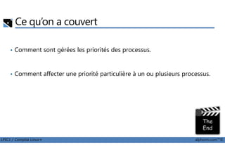 Ce qu’on a couvert
• Comment sont gérées les priorités des processus.
• Comment affecter une priorité particulière à un ou plusieurs processus.
LPIC1 / Comptia Linux+ alphorm.com™©
 