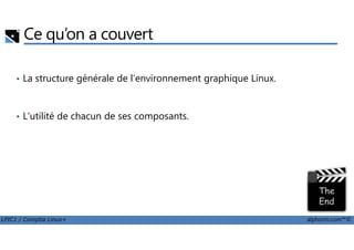 Ce qu’on a couvert
• La structure générale de l'environnement graphique Linux.
• L'utilité de chacun de ses composants.
LPIC1 / Comptia Linux+ alphorm.com™©
 