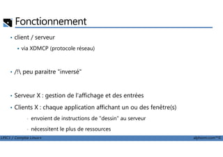 Fonctionnement
• client / serveur
via XDMCP (protocole réseau)
• /! peu paraitre "inversé"
LPIC1 / Comptia Linux+ alphorm.com™©
• Serveur X : gestion de l'affichage et des entrées
• Clients X : chaque application affichant un ou des fenêtre(s)
• envoient de instructions de "dessin" au serveur
• nécessitent le plus de ressources
 