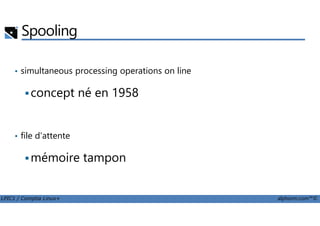 Spooling
• simultaneous processing operations on line
concept né en 1958
LPIC1 / Comptia Linux+ alphorm.com™©
• file d'attente
mémoire tampon
 
