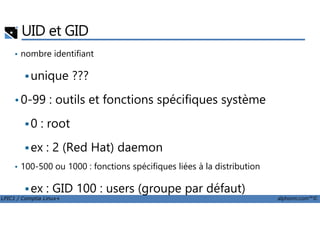 UID et GID
• nombre identifiant
unique ???
•0-99 : outils et fonctions spécifiques système
LPIC1 / Comptia Linux+ alphorm.com™©
0 : root
ex : 2 (Red Hat) daemon
• 100-500 ou 1000 : fonctions spécifiques liées à la distribution
ex : GID 100 : users (groupe par défaut)
 