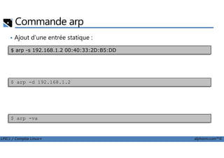 Commande arp
• Ajout d’une entrée statique :
Suppression d’une entrée :
$ arp -s 192.168.1.2 00:40:33:2D:B5:DD
LPIC1 / Comptia Linux+ alphorm.com™©
• Suppression d’une entrée :
• Lister les entrées :
$ arp -d 192.168.1.2
$ arp -va
 
