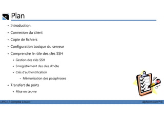 Plan
• Introduction
• Connexion du client
• Copie de fichiers
• Configuration basique du serveur
• Comprendre le rôle des clés SSH
Gestion des clés SSH
LPIC1 / Comptia Linux+ alphorm.com™©
Gestion des clés SSH
Enregistrement des clés d'hôte
Clés d'authentification
• Mémorisation des passphrases
• Transfert de ports
Mise en œuvre
 