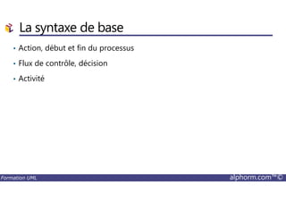 La syntaxe de base
• Action, début et fin du processus
• Flux de contrôle, décision
• Activité
Formation UML alphorm.com™©
 