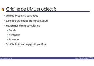 • Unified Modeling Language
• Langage graphique de modélisation
• Fusion des méthodologies de
Booch
Origine de UML et objectifs
Formation UML alphorm.com™©
Rumbaugh
Jacobson
• Société Rational, supporté par Rose
 