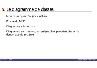 • Montre les types d’objets à utiliser
• Proche du MCD
• Diagramme très courant
• Diagramme de structure, et statique, il ne peut rien dire sur la
dynamique du système
Le diagramme de classes
Formation UML alphorm.com™©
dynamique du système
 