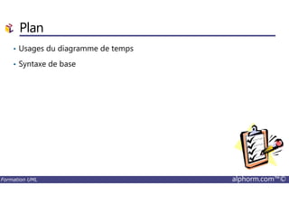 Plan
• Usages du diagramme de temps
• Syntaxe de base
Formation UML alphorm.com™©
 