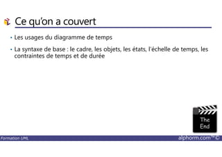 Ce qu’on a couvert
• Les usages du diagramme de temps
• La syntaxe de base : le cadre, les objets, les états, l’échelle de temps, les
contraintes de temps et de durée
Formation UML alphorm.com™©
 