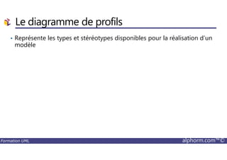• Représente les types et stéréotypes disponibles pour la réalisation d’un
modèle
Le diagramme de profils
Formation UML alphorm.com™©
 