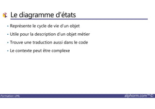 • Représente le cycle de vie d’un objet
• Utile pour la description d’un objet métier
• Trouve une traduction aussi dans le code
• Le contexte peut être complexe
Le diagramme d’états
Formation UML alphorm.com™©
 
