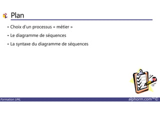 Plan
• Choix d’un processus « métier »
• Le diagramme de séquences
• La syntaxe du diagramme de séquences
Formation UML alphorm.com™©
 