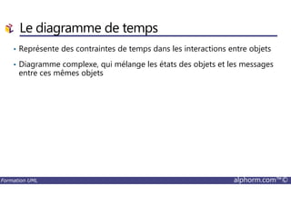 • Représente des contraintes de temps dans les interactions entre objets
• Diagramme complexe, qui mélange les états des objets et les messages
entre ces mêmes objets
Le diagramme de temps
Formation UML alphorm.com™©
 