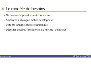 Le modèle de besoins
• Ne pas se comprendre peut coûter cher
• Améliorer le dialogue métier-développeur
• UML car langage neutre et graphique
• Décrit les besoins, fonctionnels ou non, de l’utilisateur
Formation UML alphorm.com™©
 