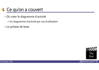 Ce qu’on a couvert
• Où créer le diagramme d’activité
Un diagramme d’activité par cas d’utilisation
• La syntaxe de base
Formation UML alphorm.com™©
 