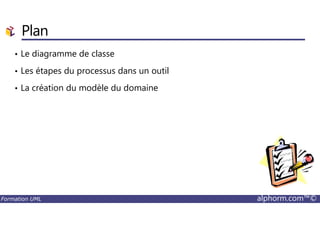 Plan
• Le diagramme de classe
• Les étapes du processus dans un outil
• La création du modèle du domaine
Formation UML alphorm.com™©
 