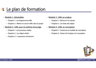 Le plan de formation
• Module 1 : Généralités
Chapitre 1 : Les diagrammes UML
Chapitre 2 : Mettre en œuvre UML dans le projet
• Module 2 : UML pour la maîtrise d’ouvrage
Chapitre 1 : Les processus métier
Chapitre 2 : Les objets métier
• Module 3 : UML en analyse
Chapitre 1 : Découvrir les classes
Chapitre 2 : Les états des objets
• Module 4 : UML en conception
Chapitre 1 : Construire le modèle de conception
Chapitre 2 : Passer de l’analyse à la conception
Formation UML alphorm.com™©
Chapitre 2 : Les objets métier
Chapitre 3 : L’expression de besoins
Chapitre 2 : Passer de l’analyse à la conception
 