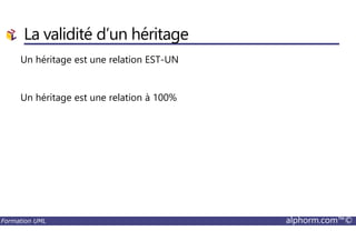 Un héritage est une relation EST-UN
Un héritage est une relation à 100%
La validité d’un héritage
Formation UML alphorm.com™©
 