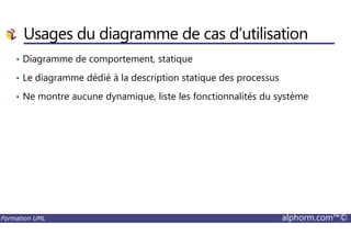 • Diagramme de comportement, statique
• Le diagramme dédié à la description statique des processus
• Ne montre aucune dynamique, liste les fonctionnalités du système
Usages du diagramme de cas d’utilisation
Formation UML alphorm.com™©
 