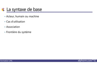 La syntaxe de base
• Acteur, humain ou machine
• Cas d’utilisation
• Association
• Frontière du système
Formation UML alphorm.com™©
 