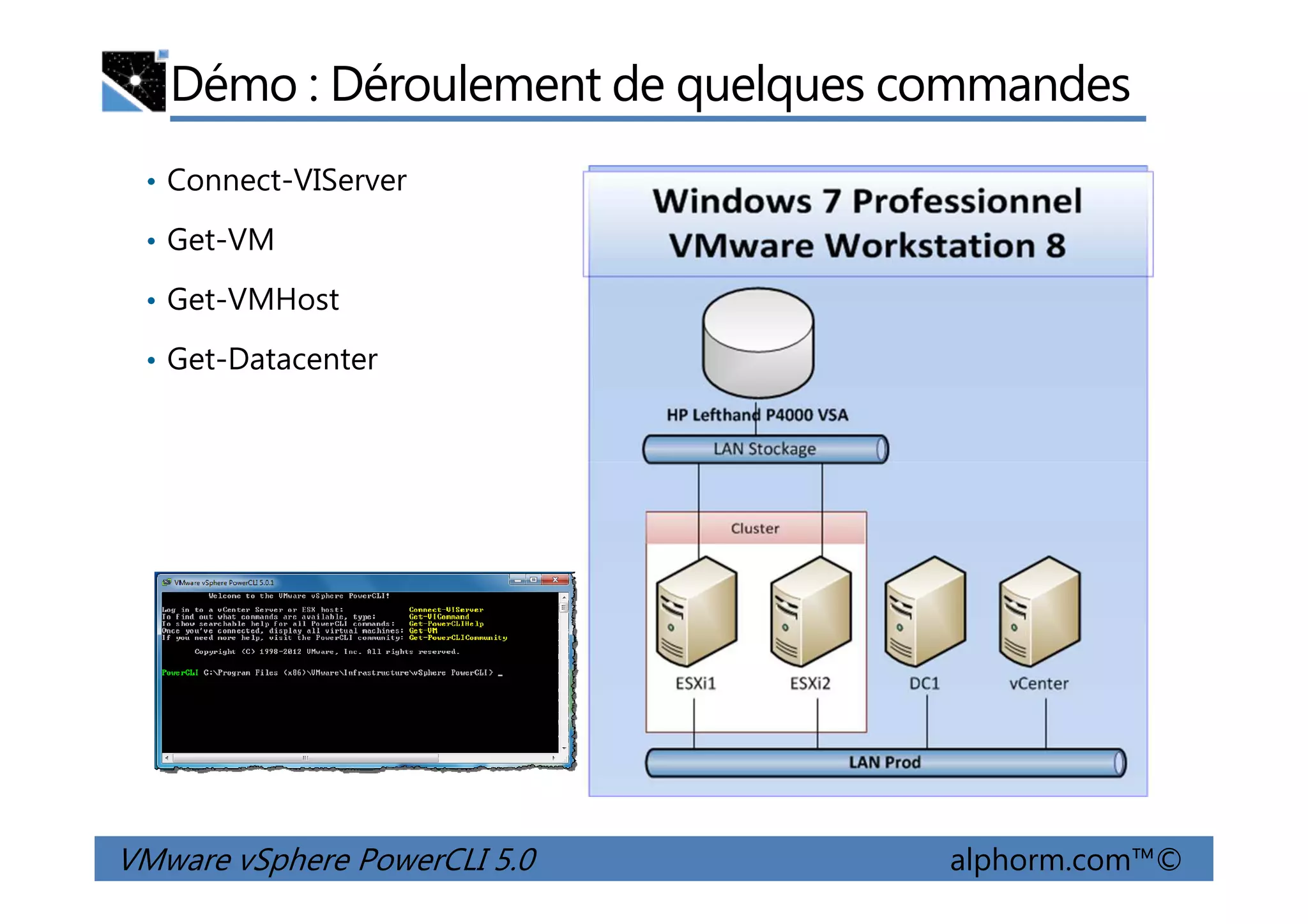Démo : Déroulement de quelques commandes
• Connect-VIServer
• Get-VM
• Get-VMHost
• Get-Datacenter
VMware vSphere PowerCLI 5.0 alphorm.com™©
 
