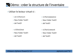 Démo : créer la structure de l’inventaire
• cd vi:Parisvm
• New-Folder Test01
• del Test01
• vi:Parisdatastore
• New-Folder Test01
• del Test01
• Utiliser le lecteur virtuel vi :
VMware vSphere PowerCLI 5.0 alphorm.com™©
• vi:Parishost
• New-Folder Test01
• del Test01
• vi:Parisnetwork
• New-Folder Test01
• del Test01
 