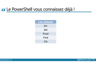 Le PowerShell vous connaissez déjà ! 
Les aliases 
Dir 
del 
Pusd 
Pwd 
Cls 
Powershell 2.0 alphorm.com™© 
 