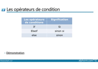 Les opérateurs de condition 
Les opérateurs 
de conditions 
Signification 
If Si 
Elseif sinon si 
else sinon 
• Démonstration 
Powershell 2.0 alphorm.com™© 
 