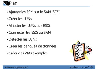 Plan
•Ajouter les ESXi sur le SAN iSCSI
•Créer les LUNs
Affecter les LUNs aux ESXi•Affecter les LUNs aux ESXi
•Connecter les ESXi au SAN
•Détecter les LUNs
•Créer les banques de données
VMware vSphere 5.0 alphorm.com™©
•Créer les banques de données
•Créer des VMs exemples
 